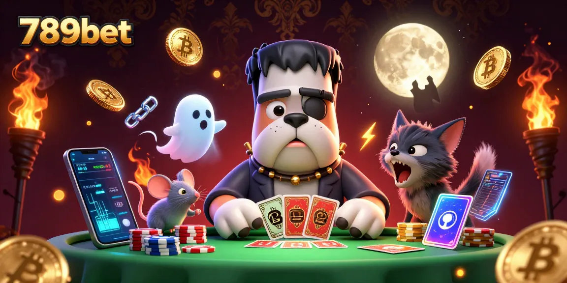 Join the 789bet action with a fun 3D illustration of a card game at a spooky casino table.