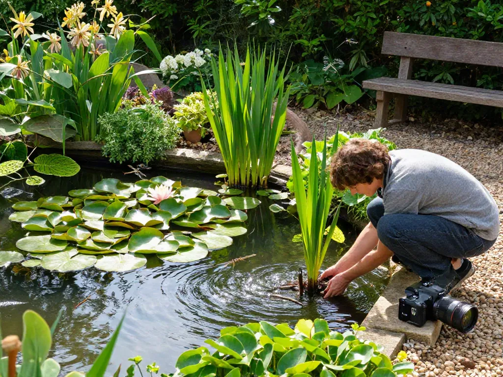 Vibrant British pond plants flourishing in a tranquil garden pond setting.
