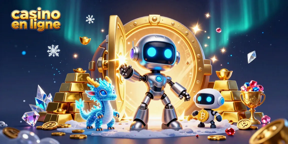 Visualisez un robot cybernétique brillant avec un dragon holographique dans un casino en ligne.
