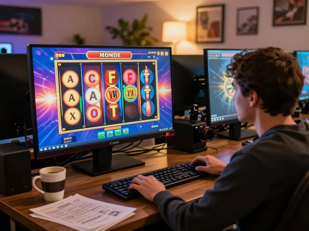 Playing online slot games with vibrant reels and dynamic winnings in a cozy home setting.