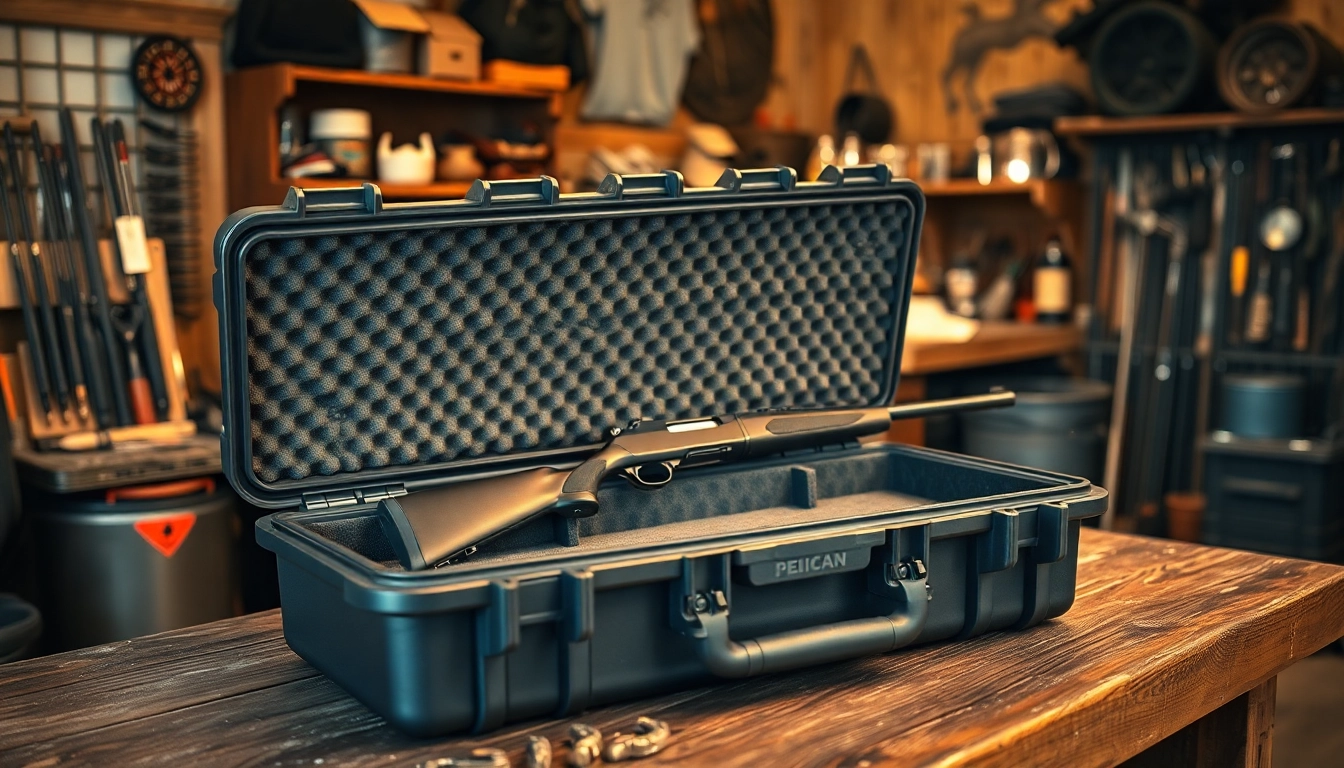 Showcase a pelican rifle case with a rifle inside, emphasizing its durable and protective features.