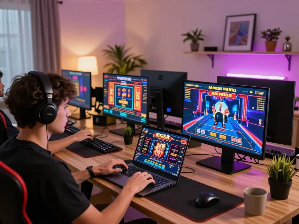 Engaged player enjoying MM88PC casino games on multiple screens in a stylish home setup