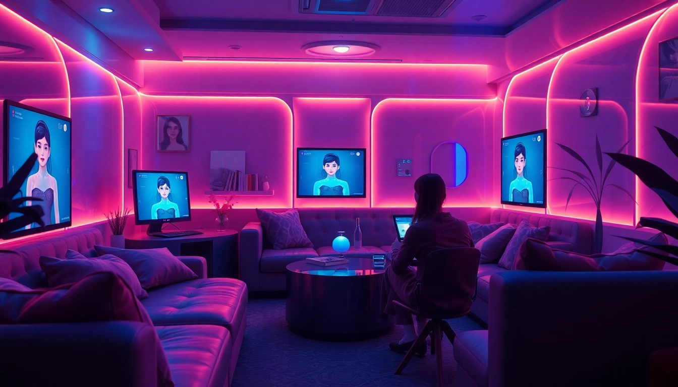Engaging NSFW AI chat experience in a futuristic lounge setting