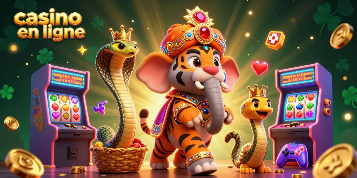 Illustration animée 3D captivante montrant un tigre maharaja et un éléphant dans un casino en ligne.