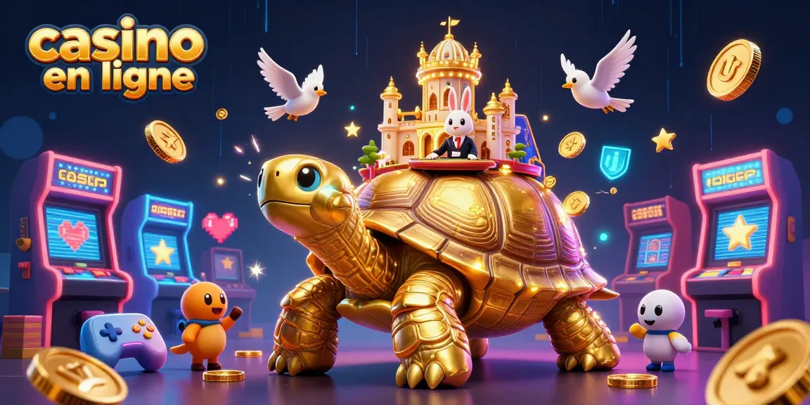Jouer dans un casino en ligne avec un personnage tortue et un croupier, collectionnant des pièces dorées.