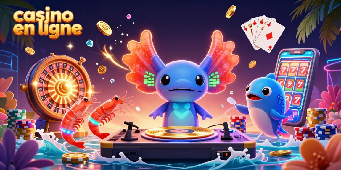 Plongez dans l'univers des jeux de casino en ligne avec un audacieux DJ axolotl, des crevettes dansantes et des effets étincelants.