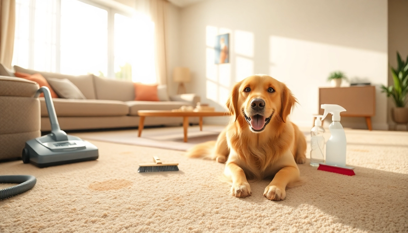 Engaging pet odor carpet cleaning process in a lively home setting with a golden retriever.