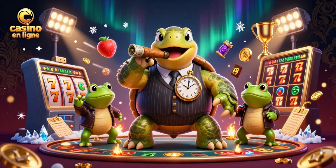 Le casino en ligne est illustré par une scène dynamique de tortue et grenouilles enjouées entourées de symboles et éléments de jeux.
