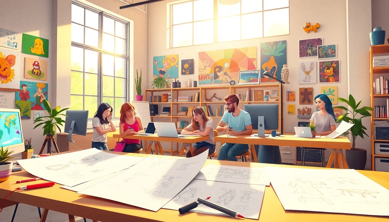 Animationagentur bei der kreativen Zusammenarbeit in einem lebendigen Animationsstudio.