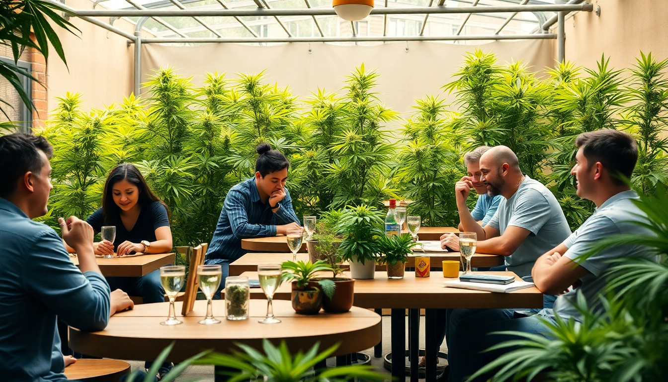 Mitglieder der bluetenbande genießen eine Gemeinschaftsaktivität in einem einladenden Cannabis-Club.