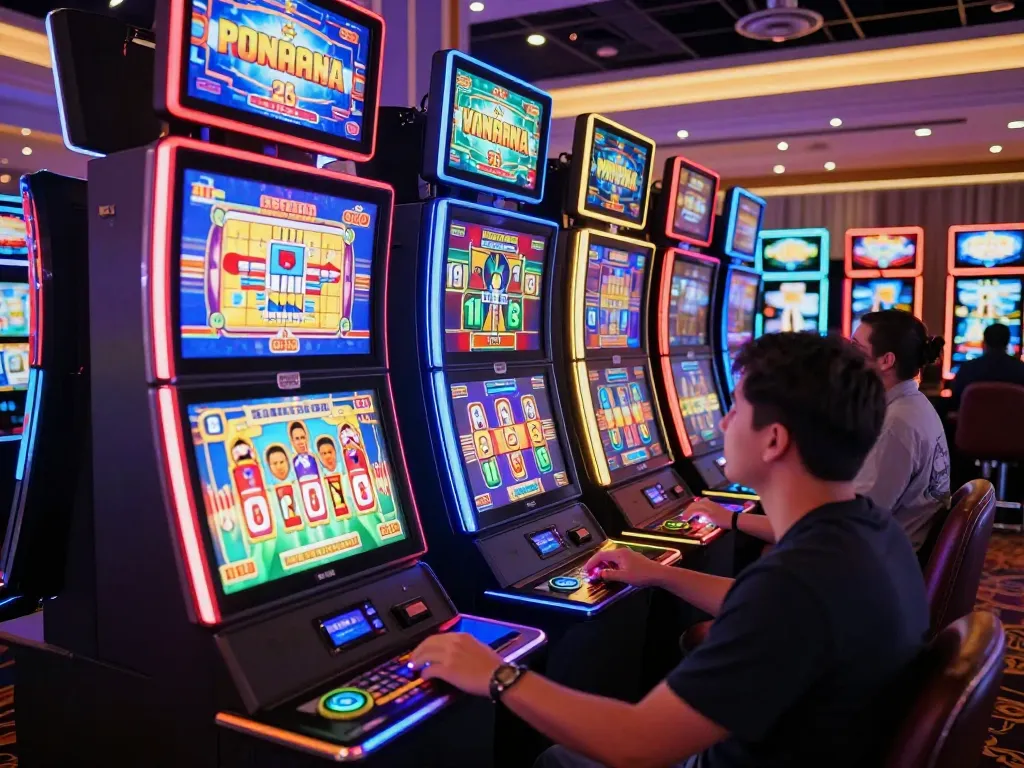 Players enjoying สล็อต gameplay on colorful slot machines in a lively casino atmosphere.