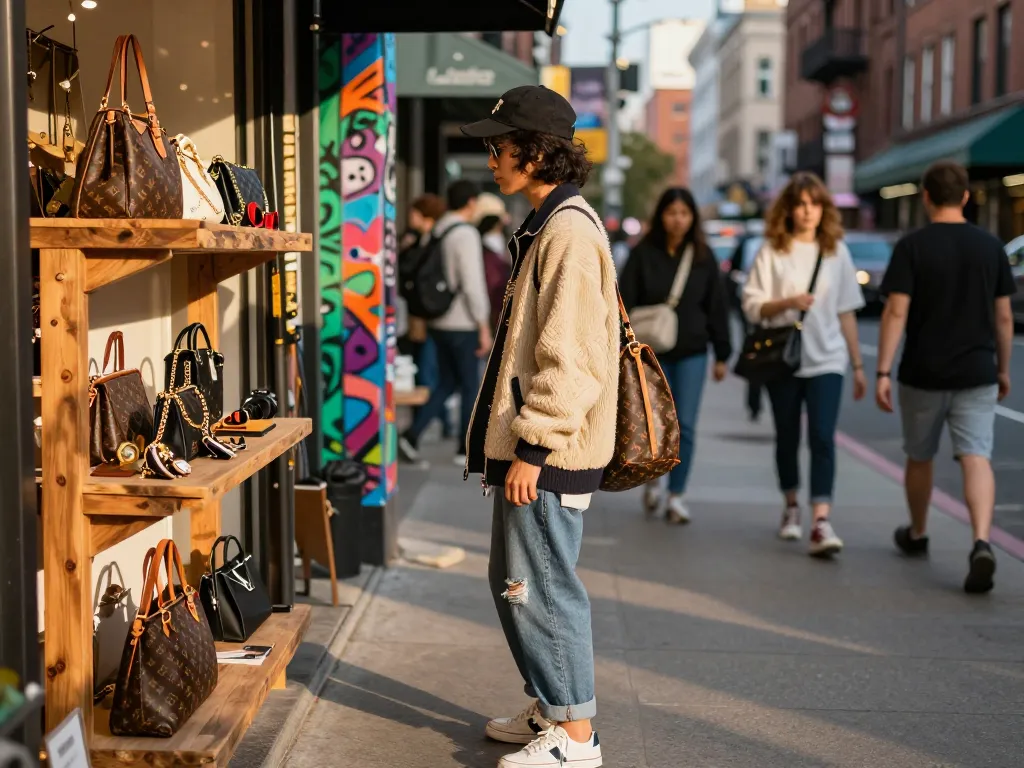 Stylish individual exploring 레플리카 fashion in an urban boutique.