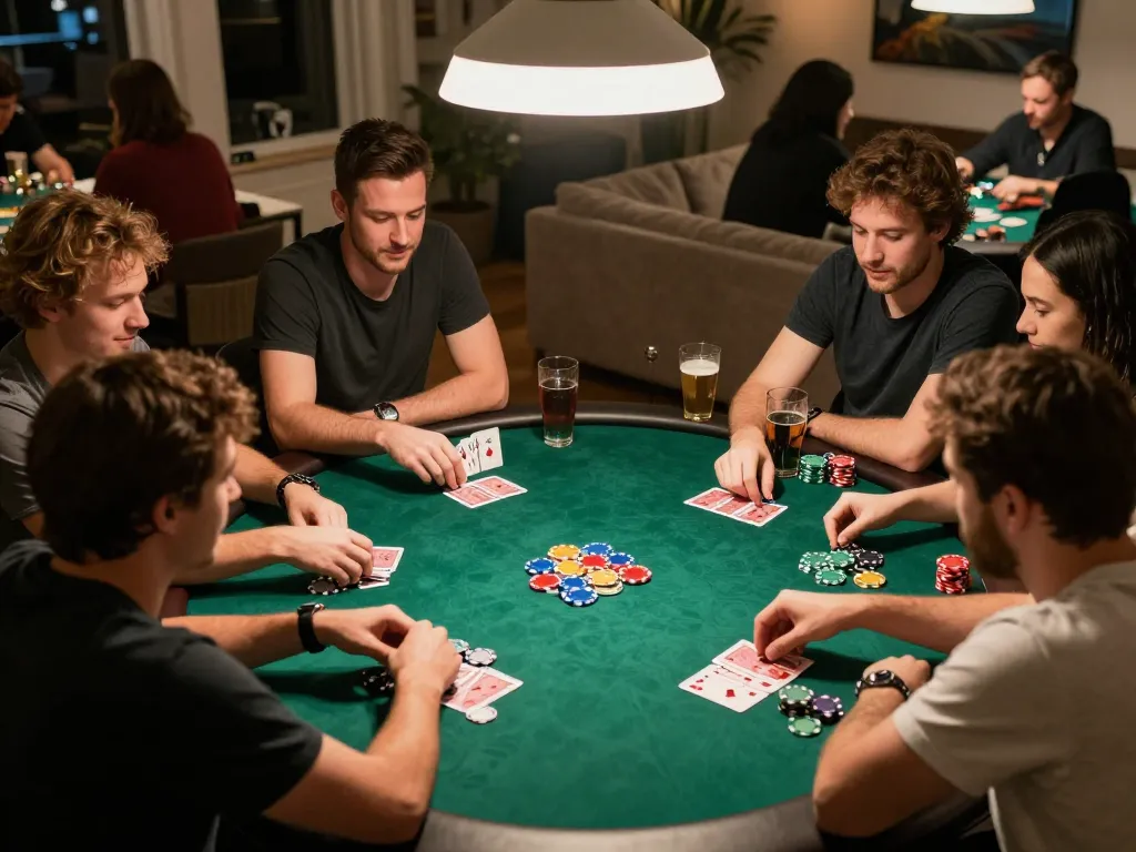 Friends enjoying a friendly poker game night, showcasing strategies and fun with GEM88.