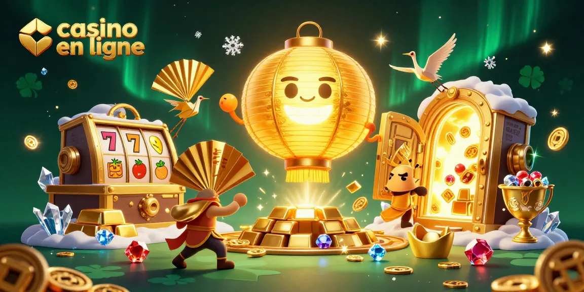 Plongez dans l'univers du casino en ligne avec une illustration magique et dynamique de lanternes et de trésors.