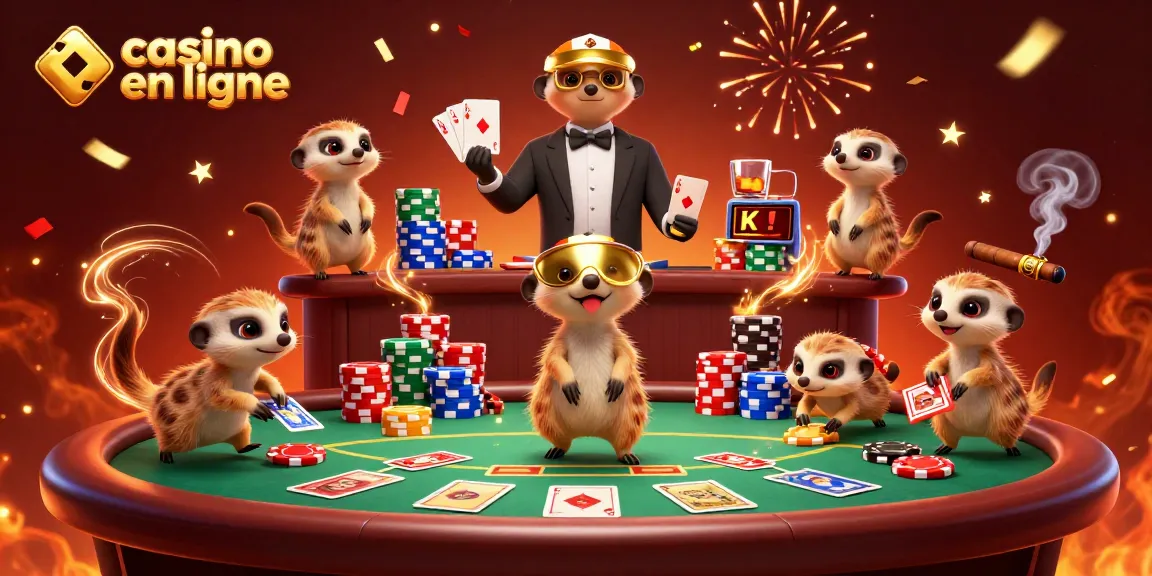 Casino en ligne : les suricates gèrent un casino sauvage avec des jetons et des cartes.