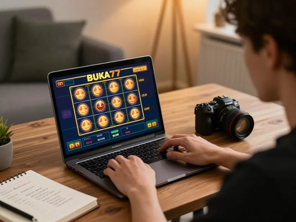 Engaging in BUKA77 slot game online at home, showcasing dynamic gameplay and strategic betting atmosphere