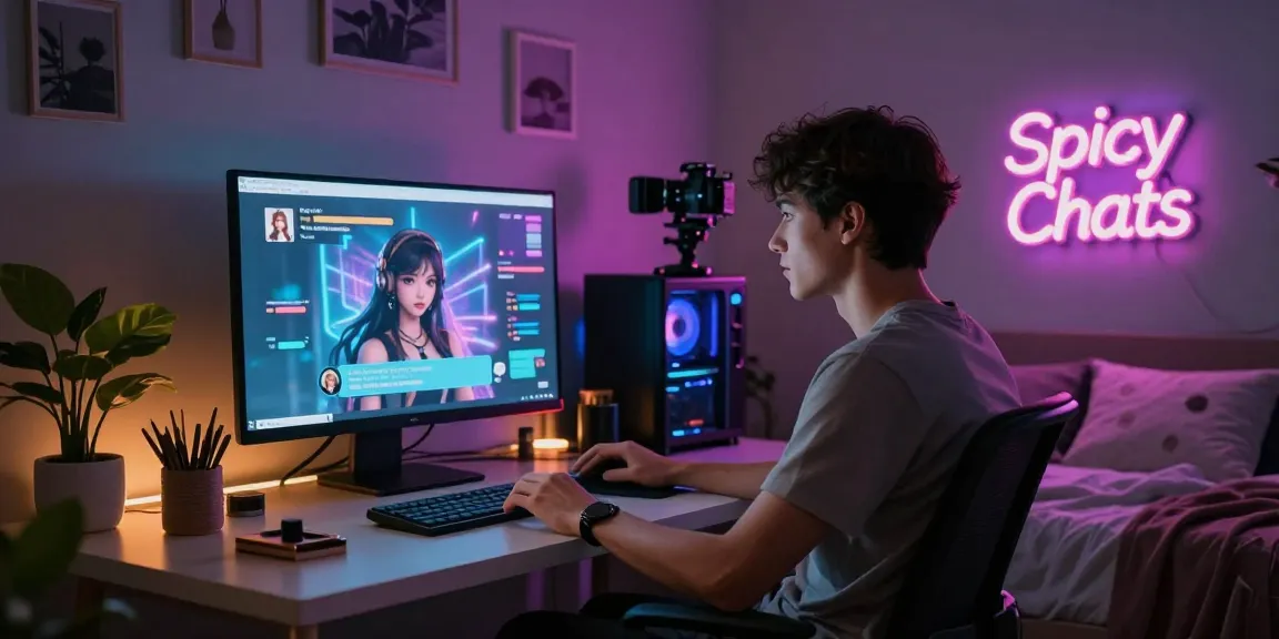 User engaged in an immersive NSFW chat with AI character in a stylish bedroom setting, depicting modern digital interaction.