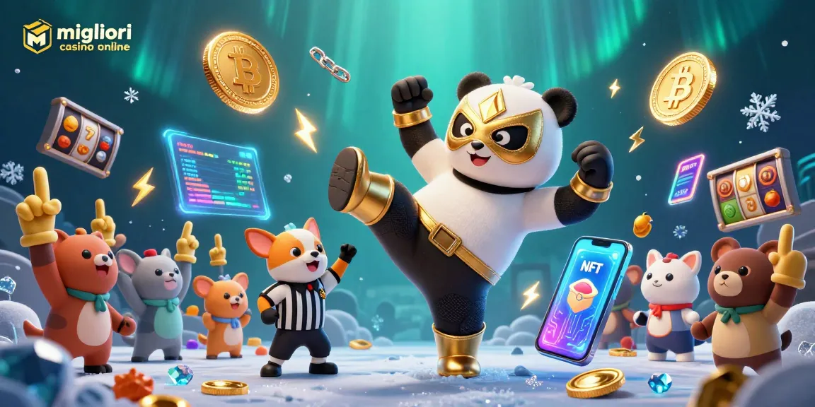 Migliori casino online: panda wrestler effettua un calcio volante in un'illustrazione affollata con gettoni e simboli da gioco.