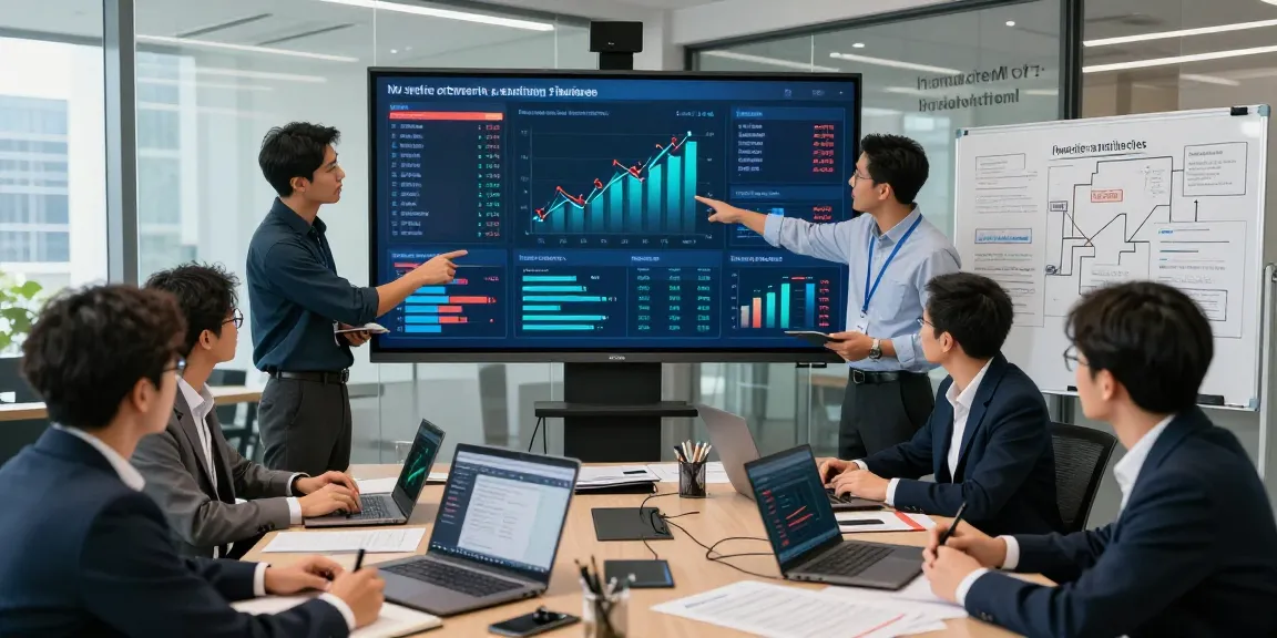 Team collaborating on financial crime intelligence strategies using data visualizations in a modern office.