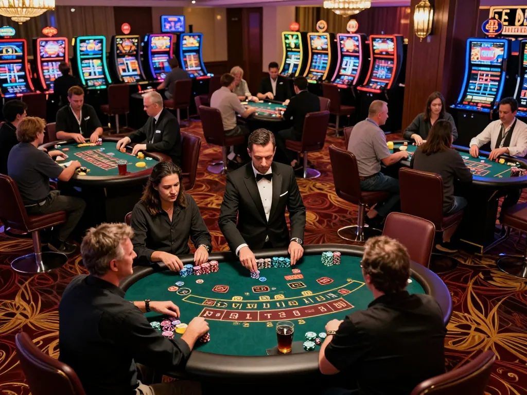 FC88 players strategizing at a vibrant casino table, chips stacked high and intense focus.