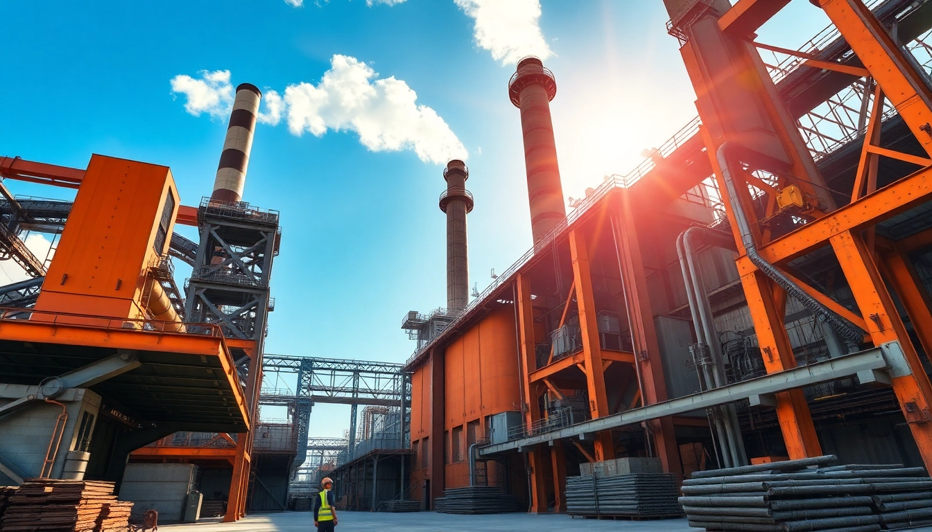 Modern steel mill showcasing towering structures and advanced machinery in industrial setting.