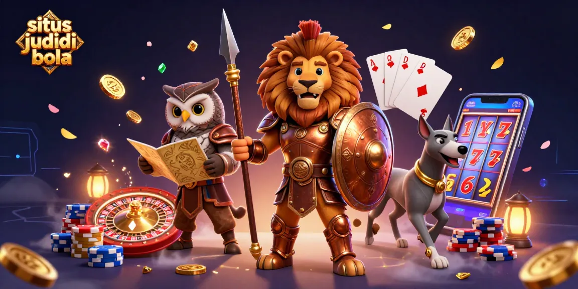 Experience situs judi bola with a heroic lion, tactical owl, and swift greyhound amidst casino elements.