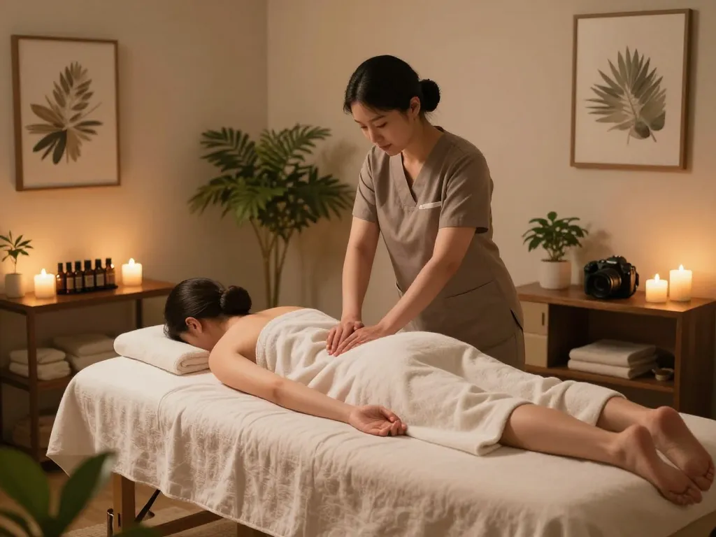 Relaxing 잠실스웨디시 massage scene in a tranquil spa setting.