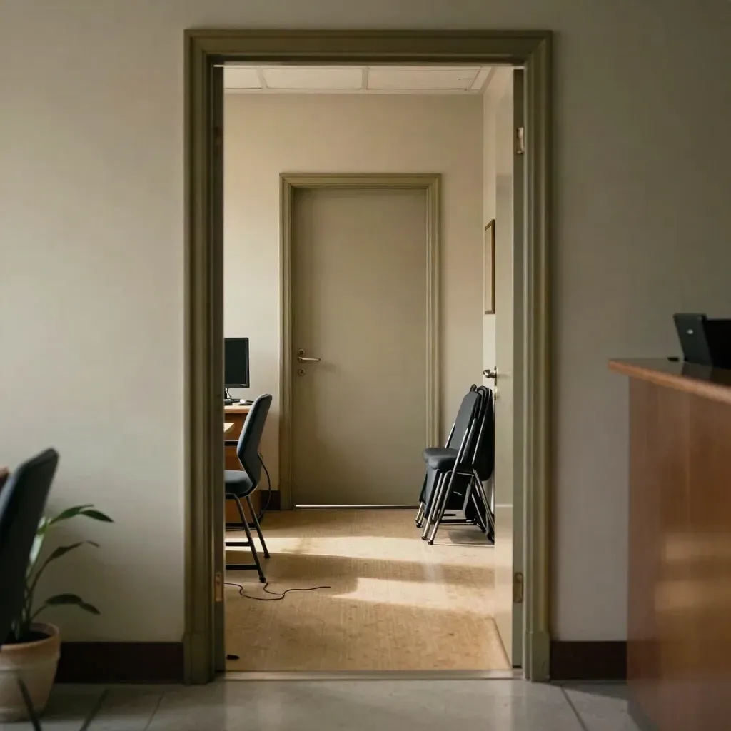 Quiet office corridor with fire door, cable, stacked chairs, and a plant