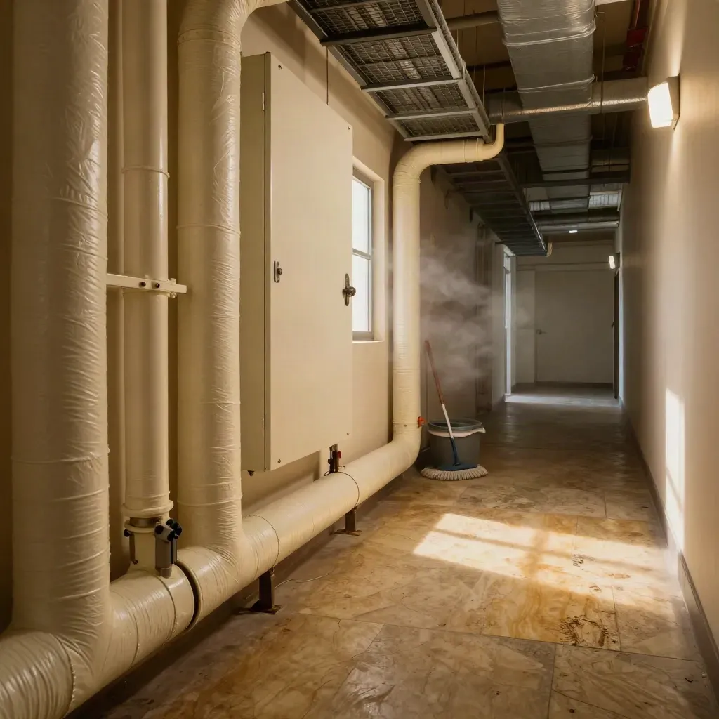 Warm plant room corridor with insulated pipes, a shut panel and a tucked mop bucket in amber light.