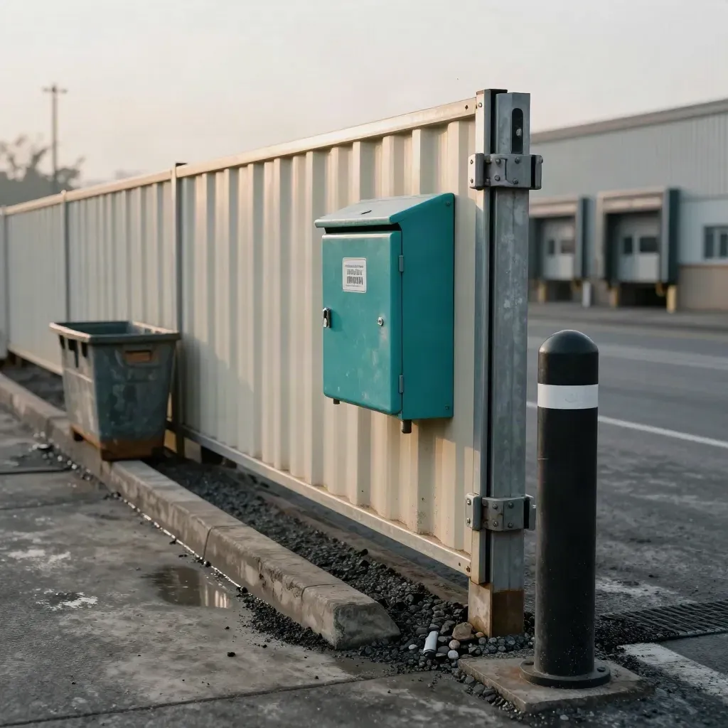 Service yard with bins, bollards, delivery gate, and safety kit box in early morning light.