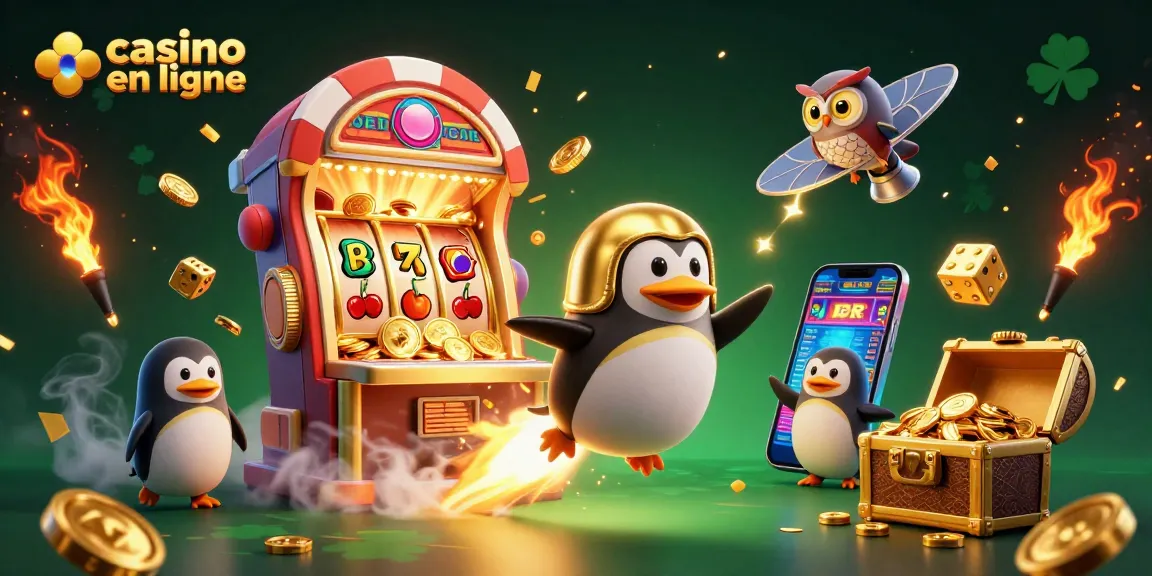 Gagnez avec le casino en ligne en explorant une scène animée de machines à sous et un pingouin doré
