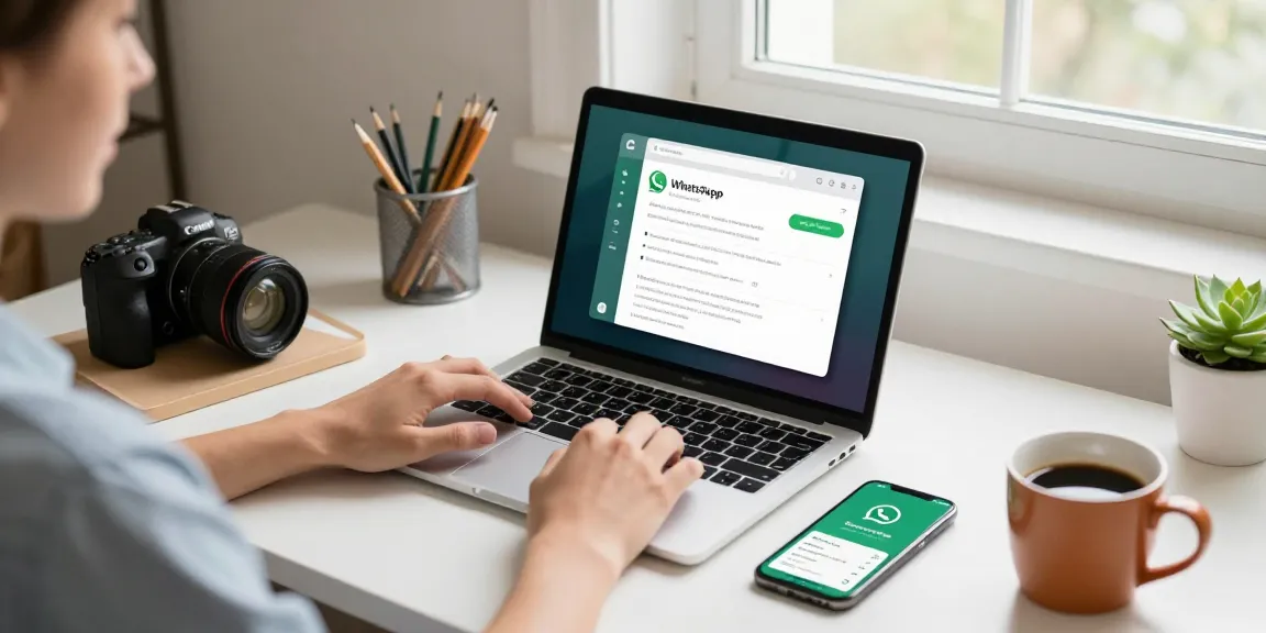 WhatsApp下載 on a home office laptop with smartphone notifications