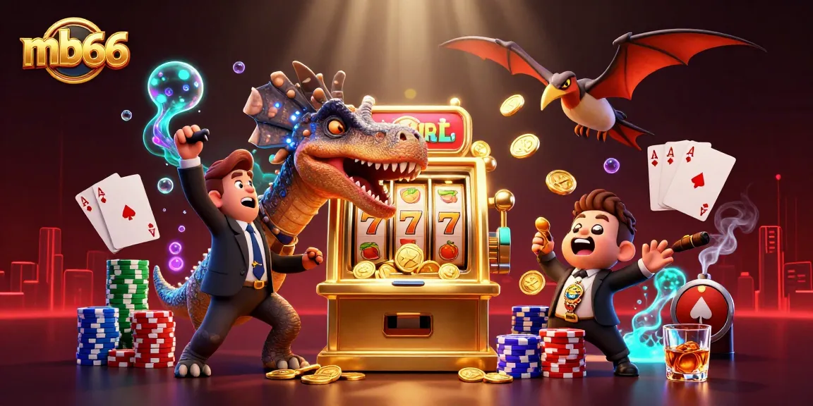 Spin the mb66 slot machine with a dinosaur, coins flying in a vibrant casino scene.
