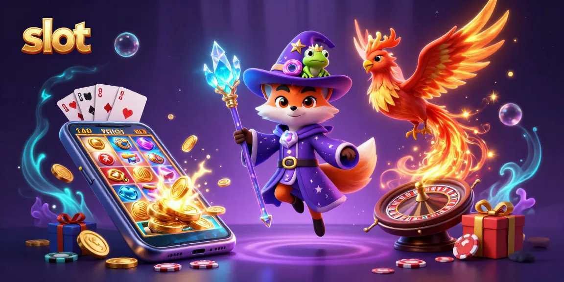 Experience thrilling slot games with a mystical wizard and phoenix in this vibrant illustration.