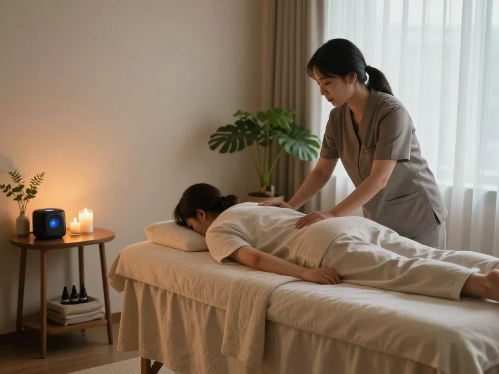 Experience a soothing 인천 출장마사지 in a serene hotel room, with calming oils and soft lighting.