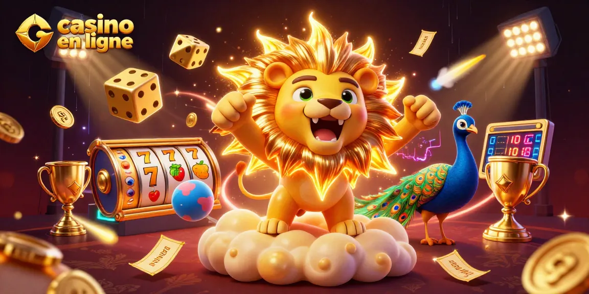 Le casino en ligne offre de l'adrénaline avec un lion de soleil triomphant et des éléments de jeu brillants autour.