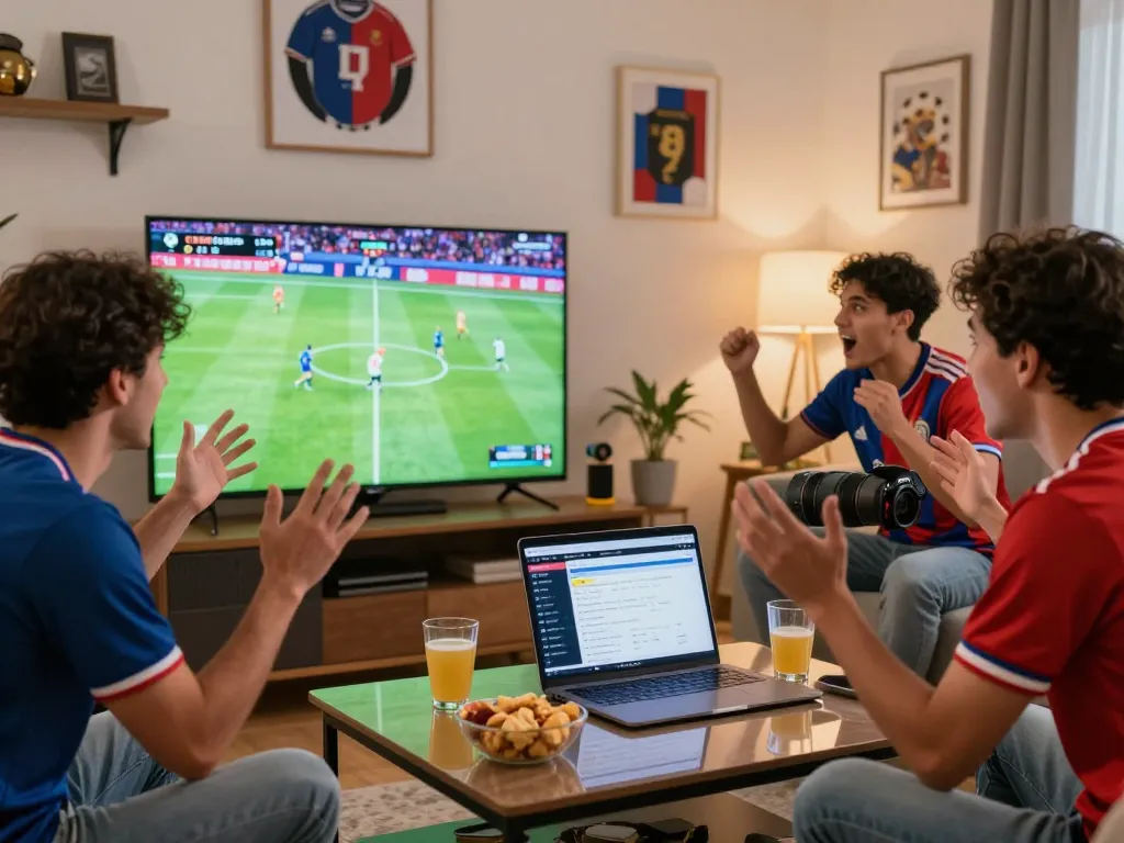 Enthusiastic soccer fan engaging with Cakhiatv 24h while watching a live match on TV.