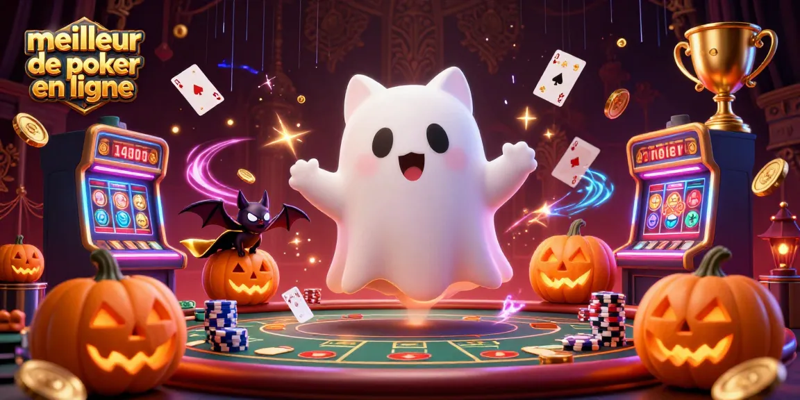 Illustration d'un fantôme-chat flottant dans un casino, représentant le meilleur site de poker en ligne avec des éléments de poker.