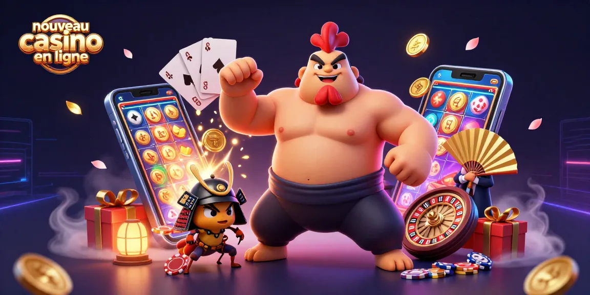 Illustration fascinante d'un nouveau casino en ligne, avec des personnages stylisés et des éléments de jeu captivants.