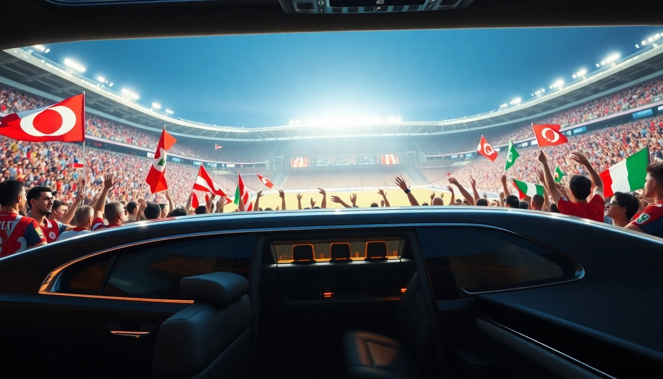 World Cup Group Transportation featuring a luxurious limousine outside a lively stadium with fans celebrating.