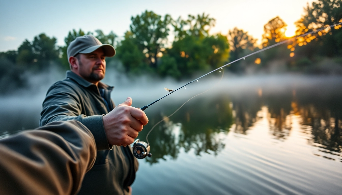 Fly fishing for bass enthusiast casting a line at dawn over a tranquil lake.