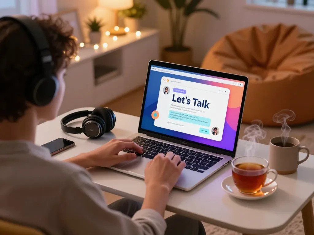 Engaging virtual chat environment featuring sex chat ai on screen, cozy setting with headphones and tea.
