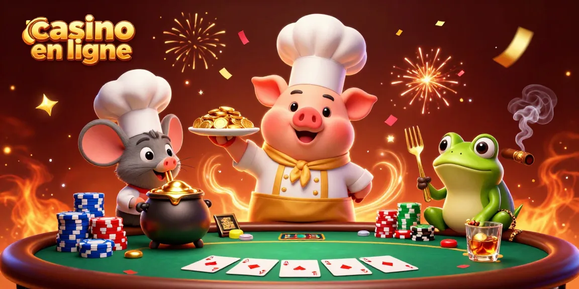 Cette illustration 3D révèle le monde coloré du casino en ligne avec un chef et des personnages animés.