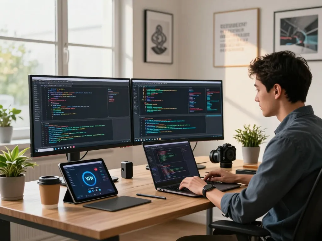 快连 VPN developer coding in modern workspace with dual monitors, showcasing network optimization.