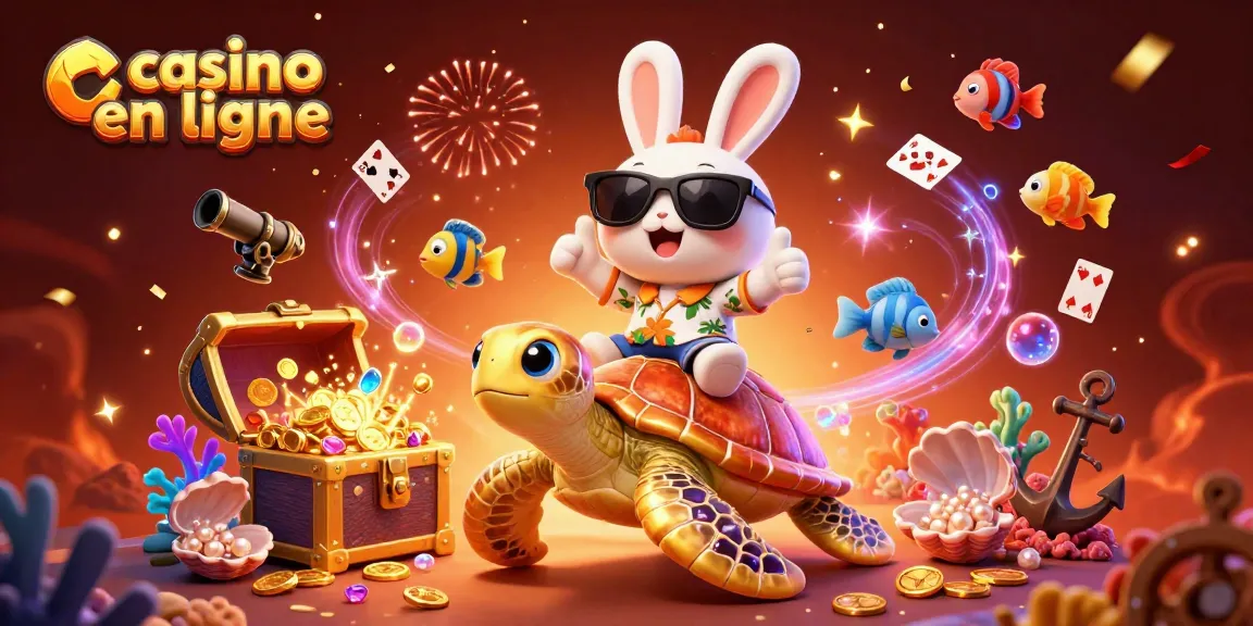 Jouez sur un casino en ligne captivant avec un lapin chanceux et une tortue dorée, entouré d'éléments ludiques.