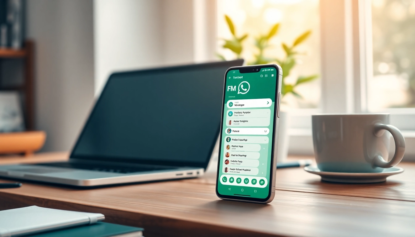 FM WhatsApp app showcased on a smartphone in a cozy workspace setting with a natural light ambiance.