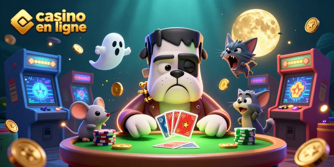 Le bulldog Frankenstein au casino en ligne distribue des cartes, avec des jeux vidéo et une ambiance festive.