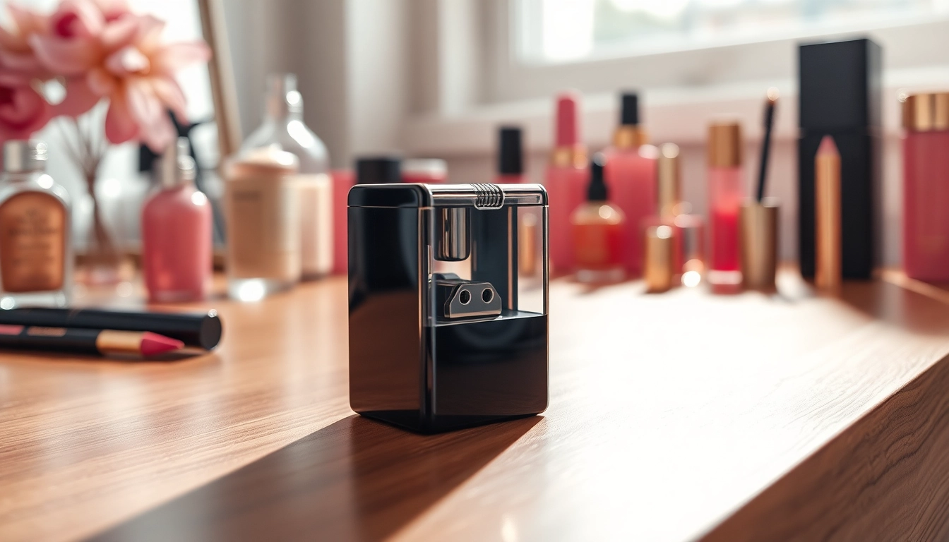 Brightly designed makeup pencil sharpener on a vanity, showcasing elegance and functionality.