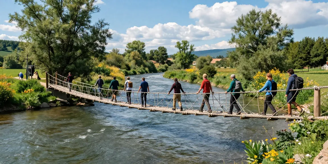 Adventurers crossing a River Rope Bridge in a lush rural landscape, showcasing outdoor adventure.