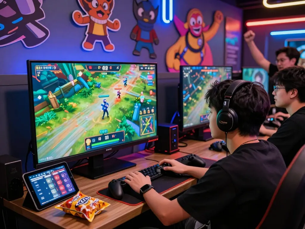 Engaging gaming scene with player immersed in go88 competition, surrounded by vibrant graphics and cheering friends.